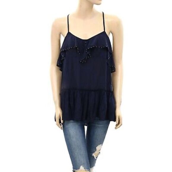 Free People Navy Racerback Tank Top Beaded and Ruffled Small - Picture 3 of 8